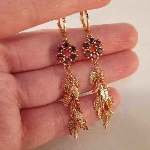 18K Yellow Gold Filled Flower Ruby Red Diamond Zircon Tassel Dangle Earrings - Picture 4 of 6